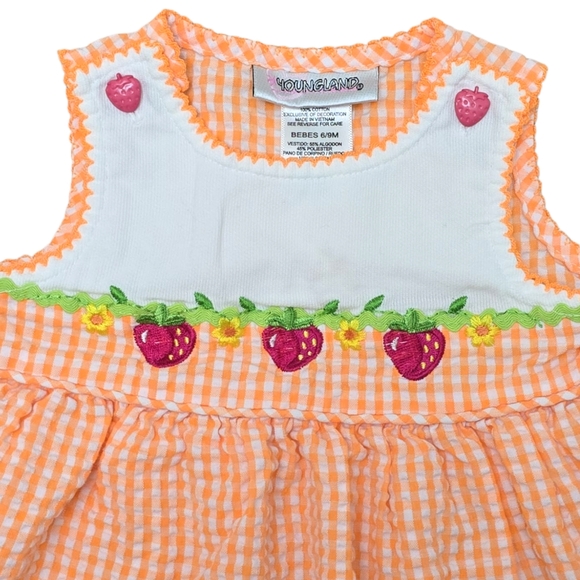 VTG Seersucker Dress 6-9m Orange White Gingham Embroidered Strawberry Youngland - Picture 2 of 8